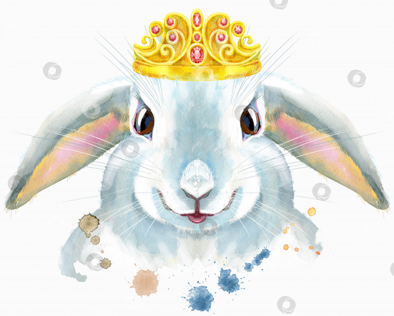 Скачать Акварельная иллюстрация белого кролика с золотой короной фотосток Ozero
