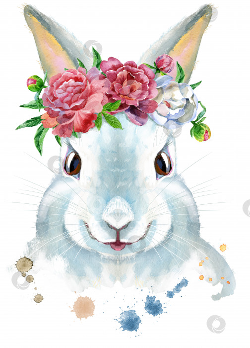 Скачать Акварельная иллюстрация белого кролика с цветами фотосток Ozero