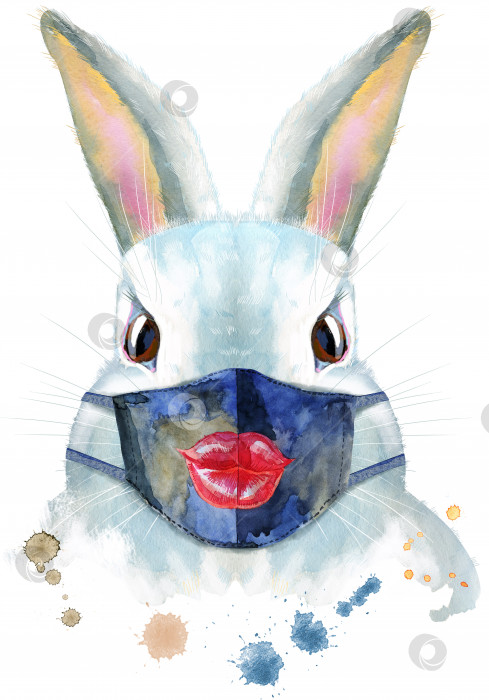 Скачать Акварельная иллюстрация белого кролика в защитной маске фотосток Ozero