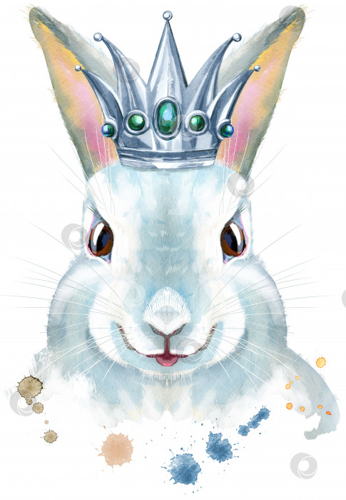 Скачать Акварельная иллюстрация белого кролика с серебряной короной фотосток Ozero