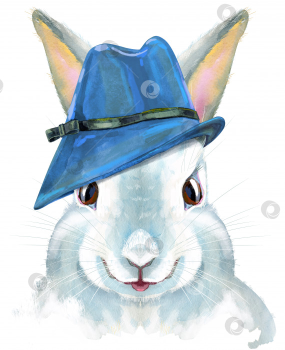 Скачать Акварельная иллюстрация белого кролика в синей шляпе фотосток Ozero