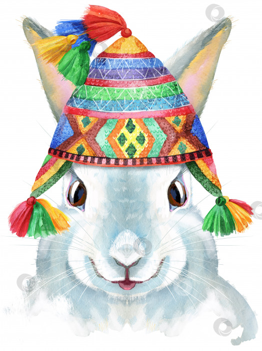 Скачать Акварельная иллюстрация белого кролика в шляпе чулло фотосток Ozero