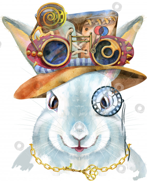 Скачать Акварельная иллюстрация белого кролика в стимпанк-шляпе и защитных очках фотосток Ozero