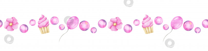 Скачать Акварельная бесшовная кайма с милыми розовыми воздушными шариками, мыльными пузырями, цветами и мороженым. Праздничная повторяющаяся рамка для праздничных дизайнов фотосток Ozero