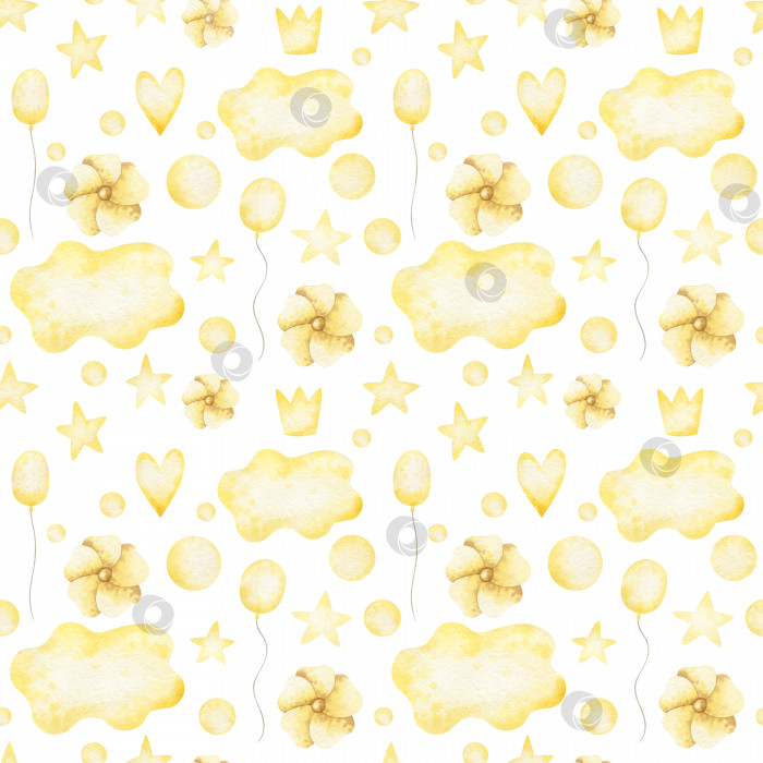 Скачать Акварельный бесшовный узор с желтыми облаками, цветами, мыльными пузырями, цветочками, коронами, воздушными шарами и звездами. Нежный повторяющийся фон для праздничного оформления фотосток Ozero
