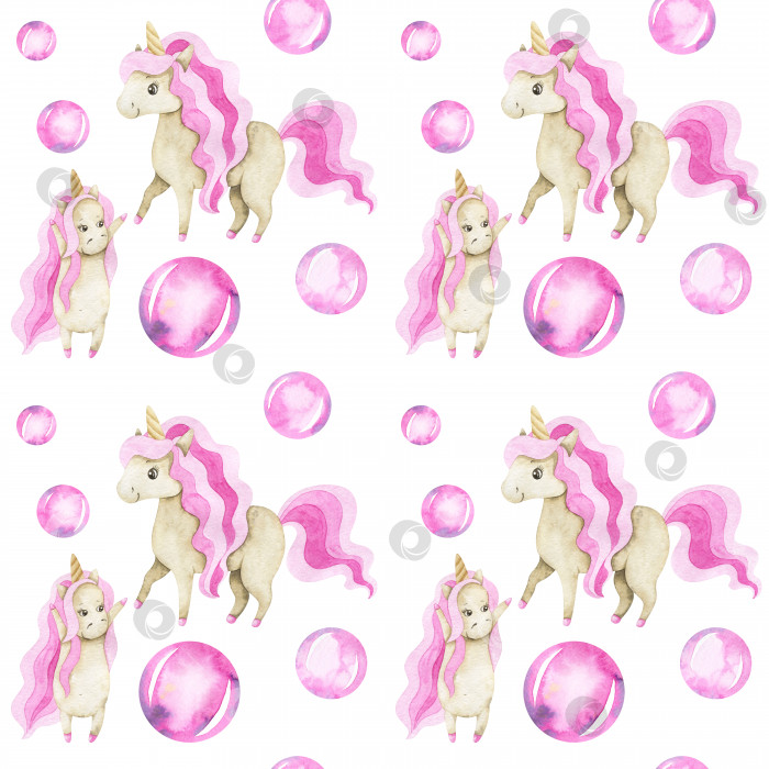 Скачать Акварельный бесшовный узор с розовыми единорогами и блестящими пузырями. Симпатичный повторяющийся фон для праздничного оформления фотосток Ozero