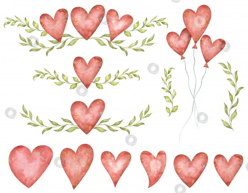 Скачать Милые акварельные сердечки, сладкие композиции, красные воздушные шары, винтажная листва. Набор с симпатичными элементами любви фотосток Ozero