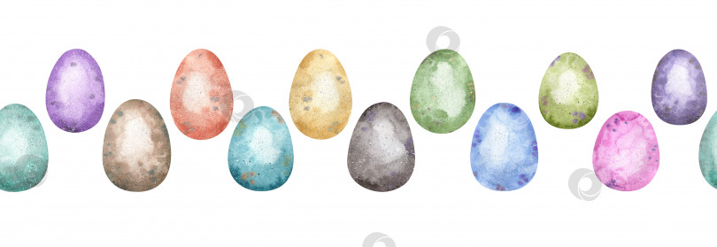 Скачать Акварельная бесшовная кайма с разноцветными пасхальными яйцами. Изящная горизонтальная рамка для праздничного оформления фотосток Ozero