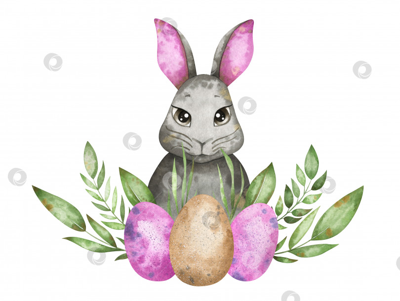 Скачать Акварельная композиция с милым пасхальным кроликом, розовыми и желтыми яйцами и зеленью. Нежная композиция для праздничного оформления фотосток Ozero