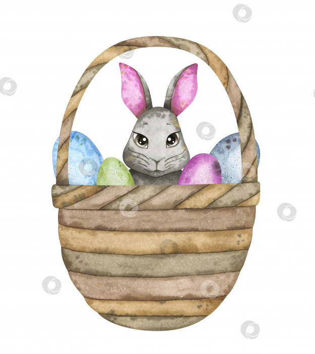 Скачать Акварельная композиция с милым пасхальным кроликом и разноцветными яйцами в корзинке. Нежная композиция для праздничного оформления фотосток Ozero