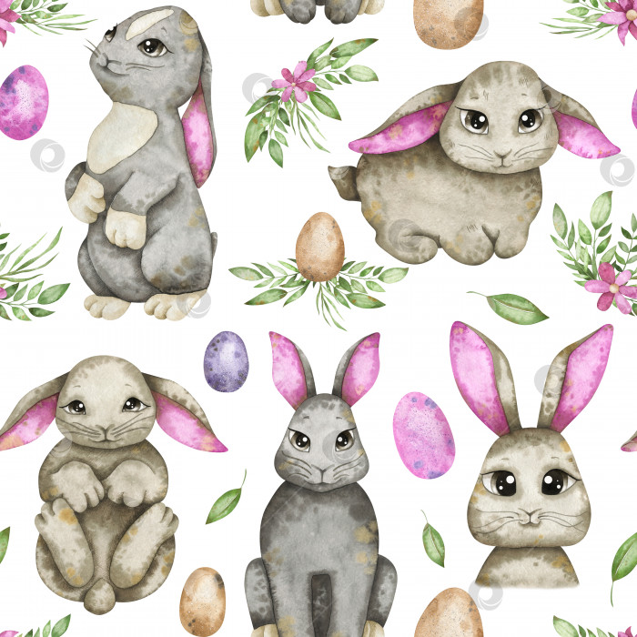 Скачать Акварельный пасхальный бесшовный узор с кроликами, разноцветными яйцами и зеленью. Милый весенний фон для праздничного оформления фотосток Ozero