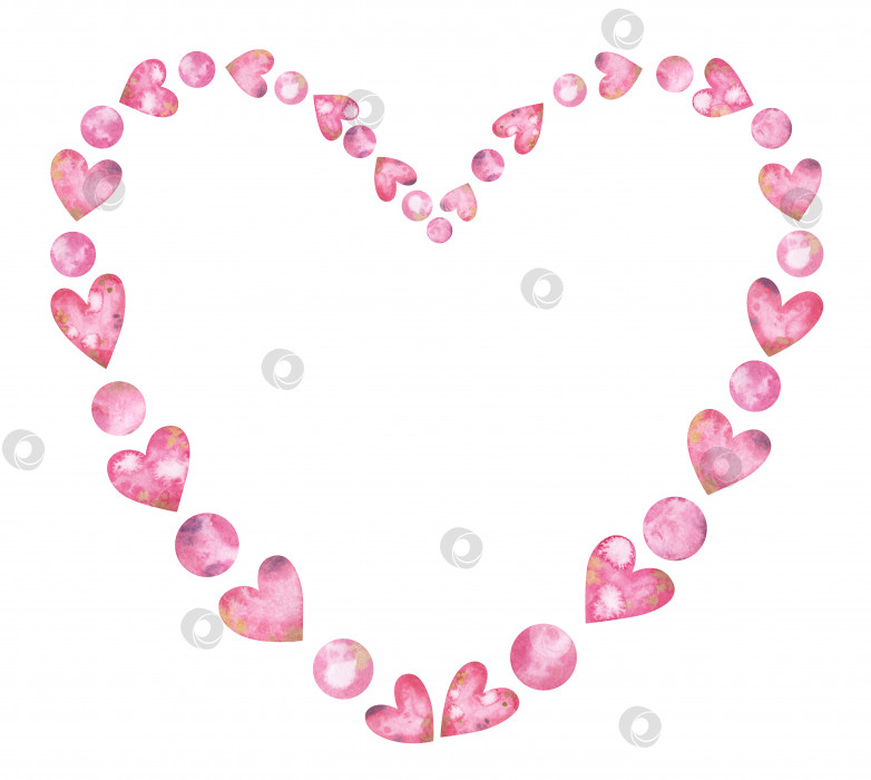 Скачать Акварельный венок с милыми розовыми сердечками и пузырьками. Винтажная рамка с праздничными элементами на белом фоне фотосток Ozero