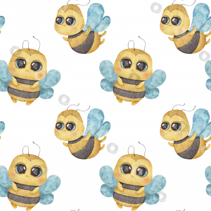 Скачать Акварельный бесшовный узор с милыми летающими пчелками. Повторяющийся фон природы с солнечными насекомыми фотосток Ozero