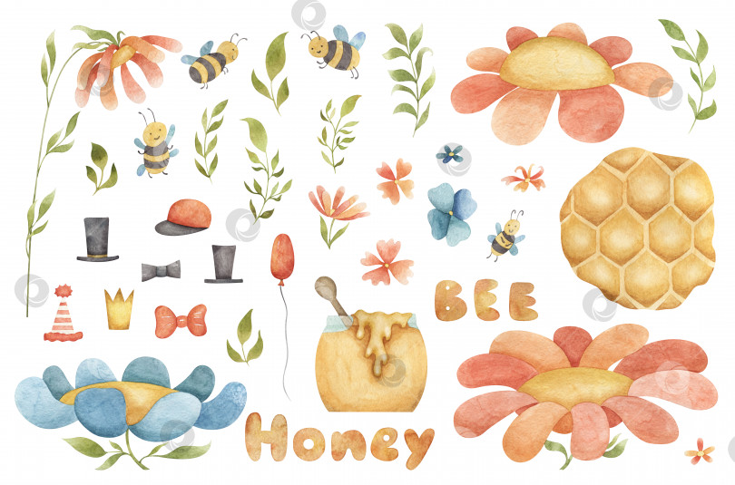 Скачать Милый летний акварельный набор с листьями, цветочницами, пчелами, медом для приглашения на день рождения, душа ребенка, текстиль фотосток Ozero