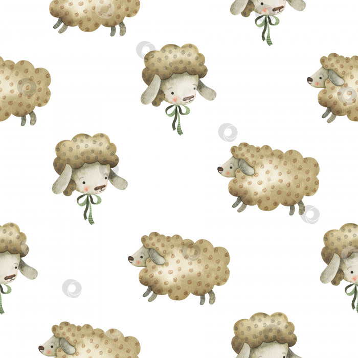 Скачать Акварельный пасхальный бесшовный узор с забавными овечками. Милый весенний фон для праздничного оформления фотосток Ozero