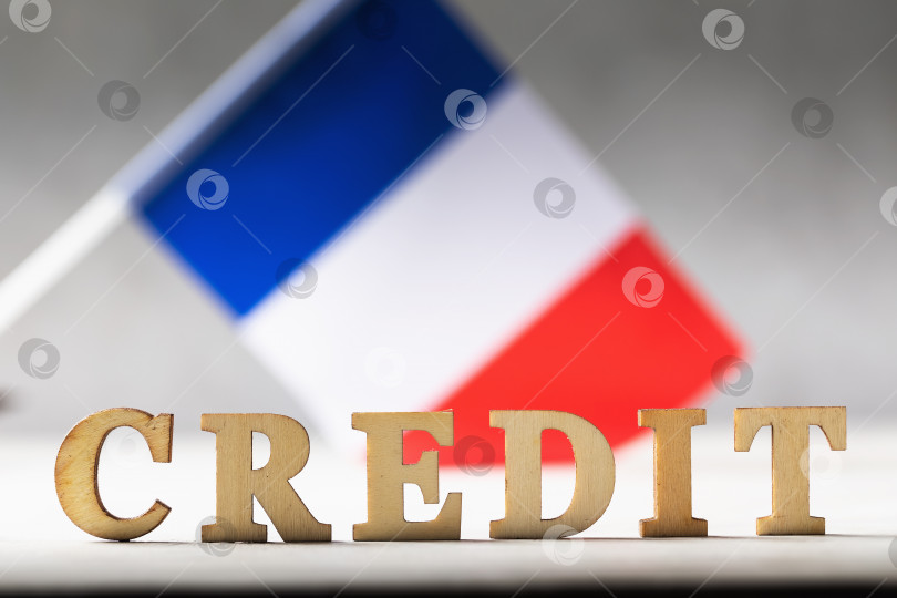 Скачать Текст из деревянных букв и французский флаг на абстрактном фоне, концепция на тему долгового бремени народа Франции фотосток Ozero