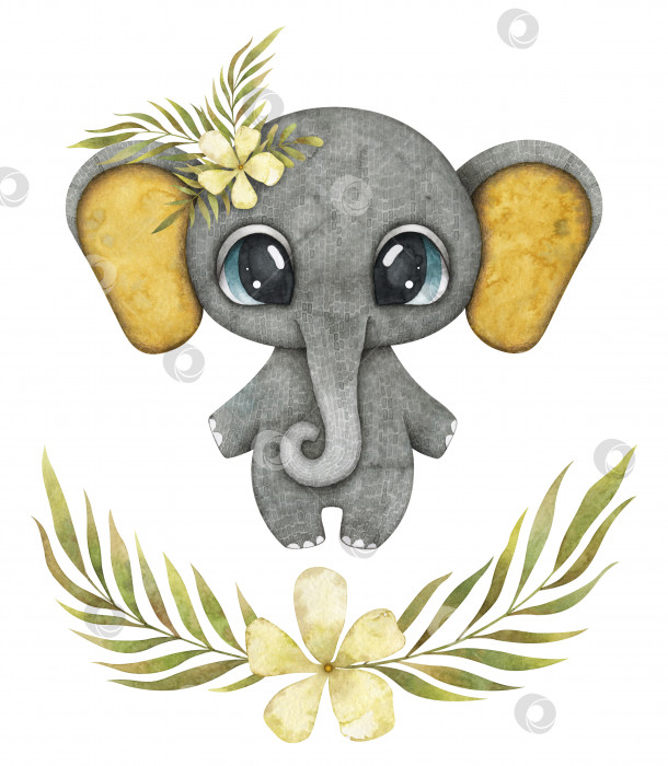 Скачать Симпатичный маленький слоник в декорациях джунглей, милый зверек с большими глазами, тропической листвой и цветами фотосток Ozero