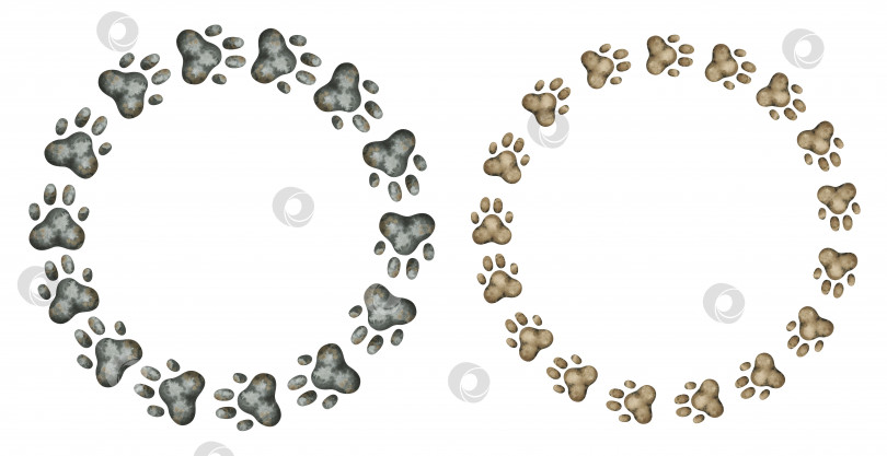 Скачать Акварельные венки с отпечатками лап. Коричневые и черные винтажные отпечатки ног кошек и собак фотосток Ozero