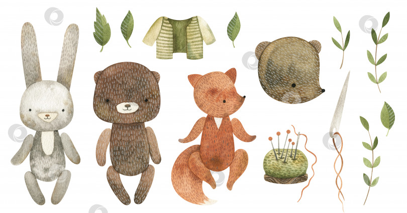 Скачать Акварельный набор с милыми мишками, лисой, кроликом, швейными принадлежностями и зеленью. Милые животные и листва для креативного дизайна фотосток Ozero
