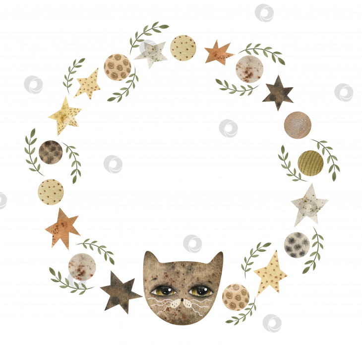 Скачать Акварельный венок с милым котом, зеленью, звездами и шариками. Винтажная рамка с изображением животных и украшениями для креативного дизайна фотосток Ozero