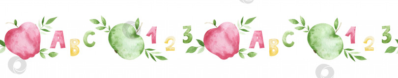Скачать Акварельная бесшовная кайма с яблоками, цифрами и зеленью. Красочная горизонтальная школьная рамка для креативного дизайна фотосток Ozero