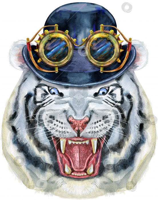 Скачать Нарисованный от руки тигр. Акварельный рисунок головы белого тигра, голубых глаз в шляпе-котелке и очках в стиле стимпанк фотосток Ozero
