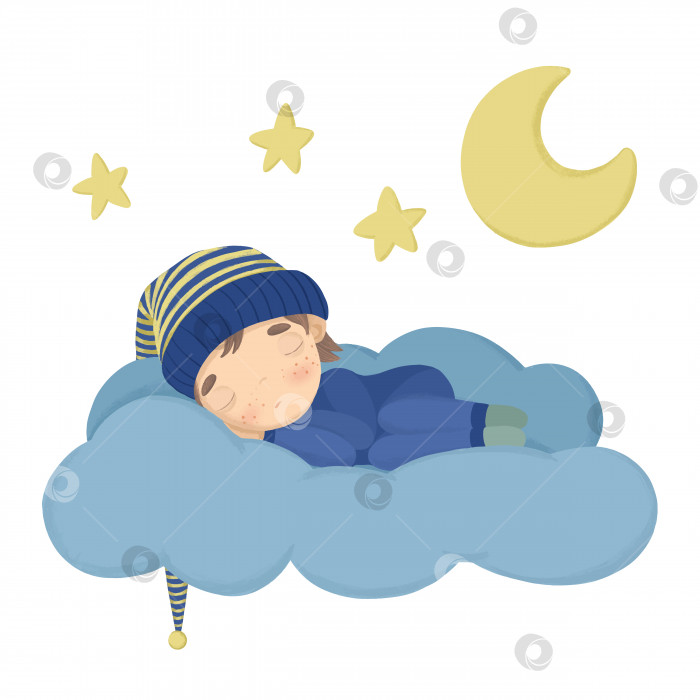 Скачать Набор иллюстраций с луной, звездами и ребенком, который спит на облаке фотосток Ozero
