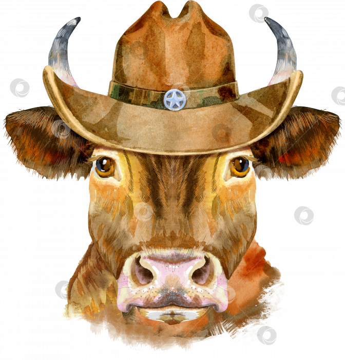 Скачать Акварельная иллюстрация красного быка в ковбойской шляпе фотосток Ozero