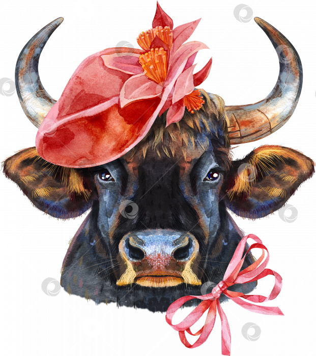 Скачать Акварельная иллюстрация черного могучего быка в красной шляпе и банте фотосток Ozero