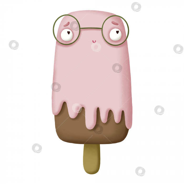 Скачать Милая мультяшная иллюстрация с шоколадным мороженым на палочке в розовой глазури с глазами и улыбкой фотосток Ozero