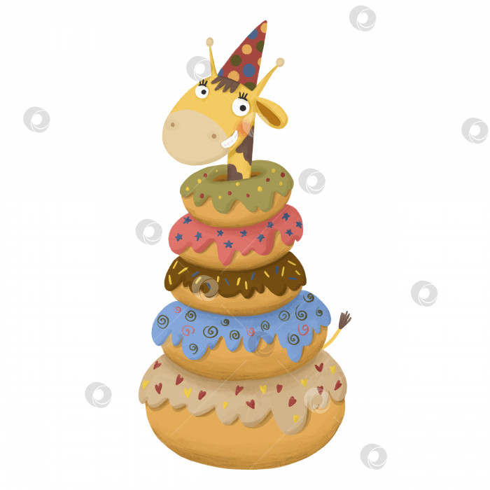 Скачать Милая иллюстрация ко дню рождения детей с мультяшным жирафом и пончиками фотосток Ozero