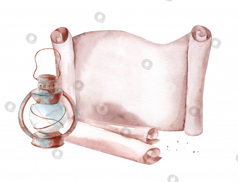 Скачать Старый бумажный свиток и керосиновая лампа. Акварельная иллюстрация, нарисованная от руки фотосток Ozero