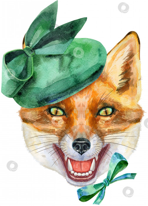 Скачать Лисья голова в зеленой шляпе. Акварельная иллюстрация к рисунку лисы, изолированная на белом фоне фотосток Ozero