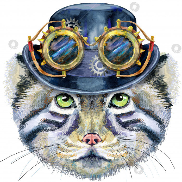 Скачать Акварельный портрет кота Манула в стимпанк-шляпе и защитных очках на белом фоне фотосток Ozero