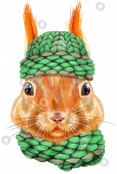 Скачать Акварельная рисованная иллюстрация белки в вязаной зеленой шапочке и шарфе фотосток Ozero