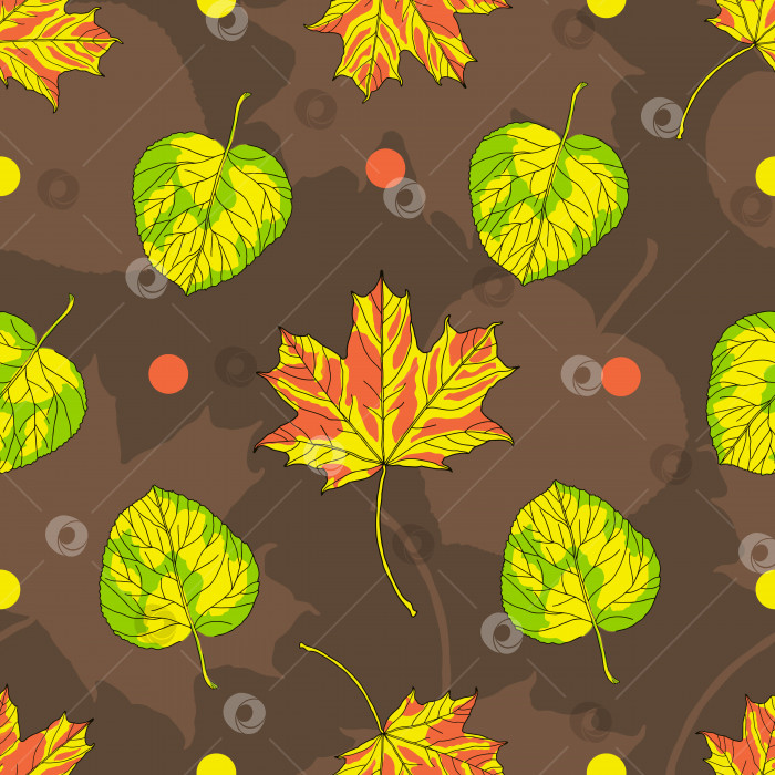 Скачать Бесшовный узор с осенними листьями на коричневом фоне. Вектор. Иллюстрация фотосток Ozero