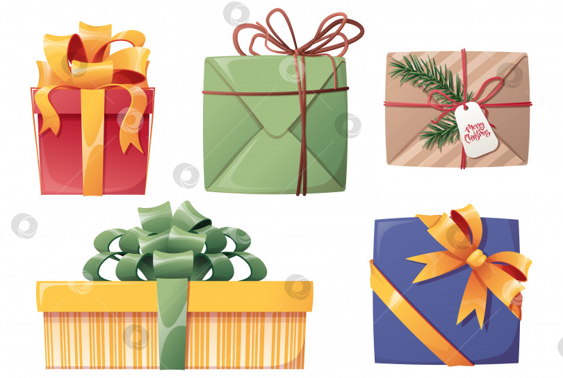 Скачать Набор подарков с бантиками на изолированном фоне. Коробки в оберточной бумаге с атласными лентами. Наклейки, значки подарков на Рождество и Новый год фотосток Ozero