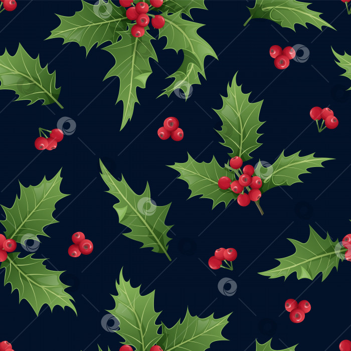 Скачать Бесшовный узор с листьями остролиста и ягодами на темном фоне. Рождественская и новогодняя текстура. Отлично подходит для оберточной бумаги, текстиля, обоев фотосток Ozero