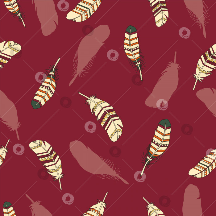 Скачать Бесшовный узор с цветными перьями в этническом стиле на бордовом фоне. Вектор. Иллюстрация фотосток Ozero