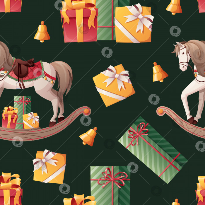 Скачать Бесшовный узор с лошадкой-качалкой и подарками. Рождественская оберточная бумага для подарков, обоев, текстиля. Новогодний декор. фотосток Ozero