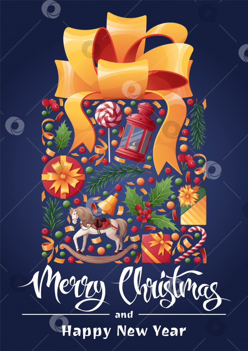 Скачать Рождественская новогодняя открытка. Подарок с бантом из рождественского декора на синем фоне. Праздничный дизайн для поздравительной открытки, баннера, плаката, приглашения. Векторная иллюстрация фотосток Ozero