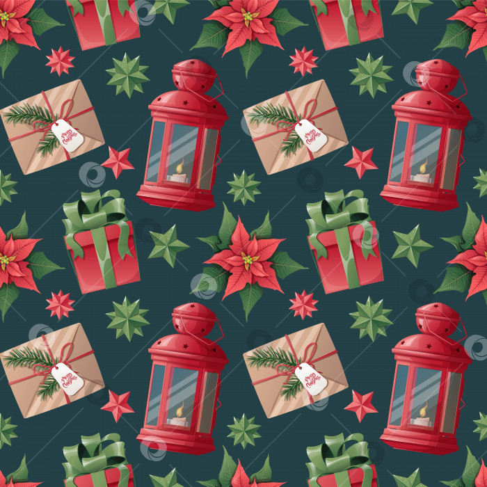 Скачать Рождественский бесшовный узор с подарками, фонарем, пуансеттией на зеленом фоне. Праздничная текстура для оберточной бумаги, скрапбукинга, ткани, обоев фотосток Ozero