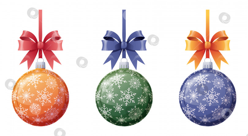 Скачать Набор рождественских шаров с лентой и бантом, выделенных на белом фоне. Рождественские игрушки с узорами в виде снежинок.Векторная иллюстрация. фотосток Ozero