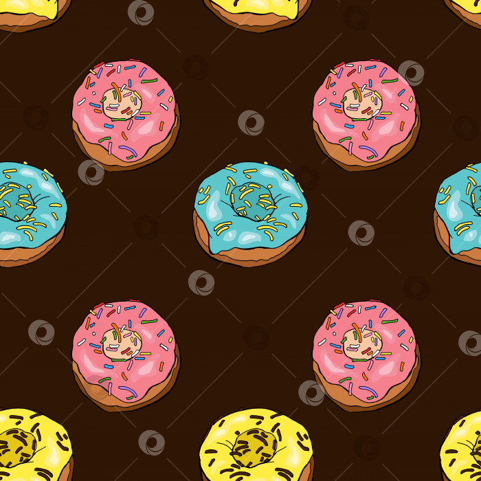 Скачать Бесшовный векторный узор из пончиков с желтой, розовой и голубой глазурью на коричневом фоне. Изолированный. Иллюстрация фотосток Ozero