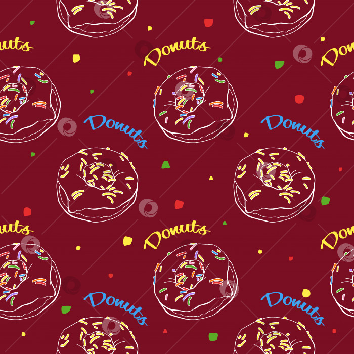 Скачать Бесшовный векторный узор с пончиками и цветными конфетти на бордовом фоне. Изолированный. Иллюстрация фотосток Ozero
