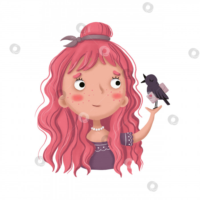Скачать Милая мультяшная девочка с розовыми волосами держит в руке птичку с валентинкой фотосток Ozero