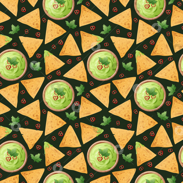 Скачать Бесшовный узор с начос на зеленом фоне. Традиционная мексиканская кухня. Кукурузные чипсы с соусом гуакамоле. Векторный фон для оберточной бумаги, ткани, обоев. Латиноамериканская кухня фотосток Ozero