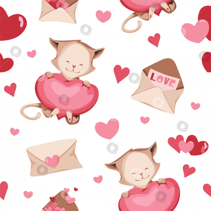 Скачать Бесшовный узор для дня Святого Валентина. Милый котик с сердечками. Отлично подходит для подарочной бумаги, открыток, праздничного и детского декора. фотосток Ozero