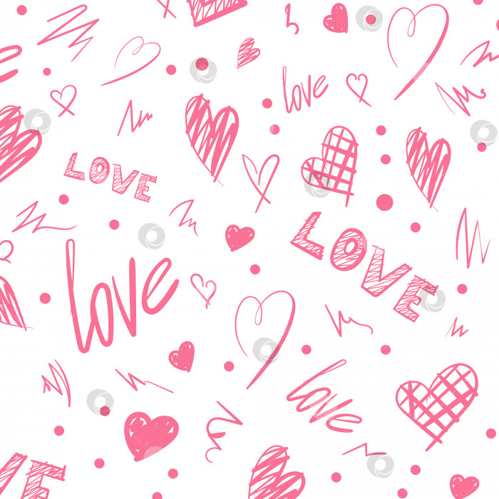 Скачать Бесшовный узор на день святого Валентина. Розовые надписи, нарисованные от руки сердечки. Модная текстура для текстиля, оберточной бумаги и многого другого. фотосток Ozero