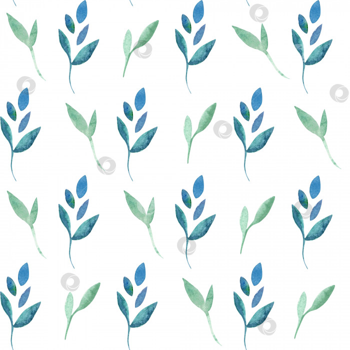 Скачать Акварельный бесшовный цветочный узор, нарисованный от руки, с зелеными и синими листьями фотосток Ozero